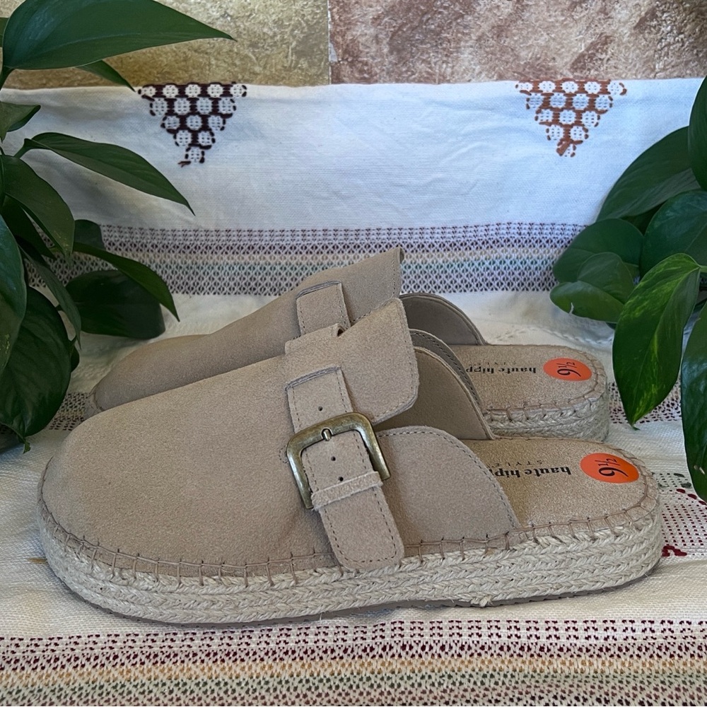 NEW Haute Hippie Aria 100% Suede Buckle Espadrille Tan Slip-On Mule Clogs US 9.5 - Picture 5 of 15